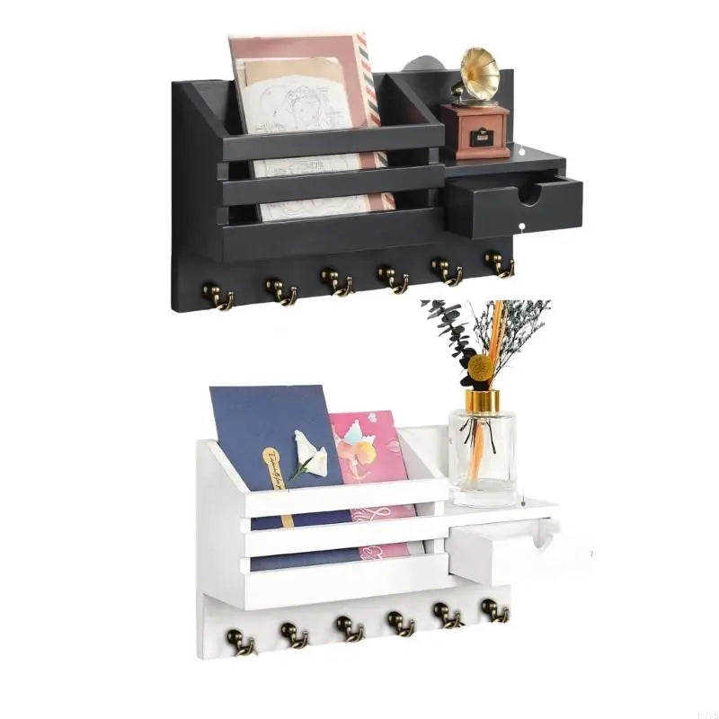 A rustic wall-mounted organizer with drawers for mail and keys, featuring dark wood and white accents.