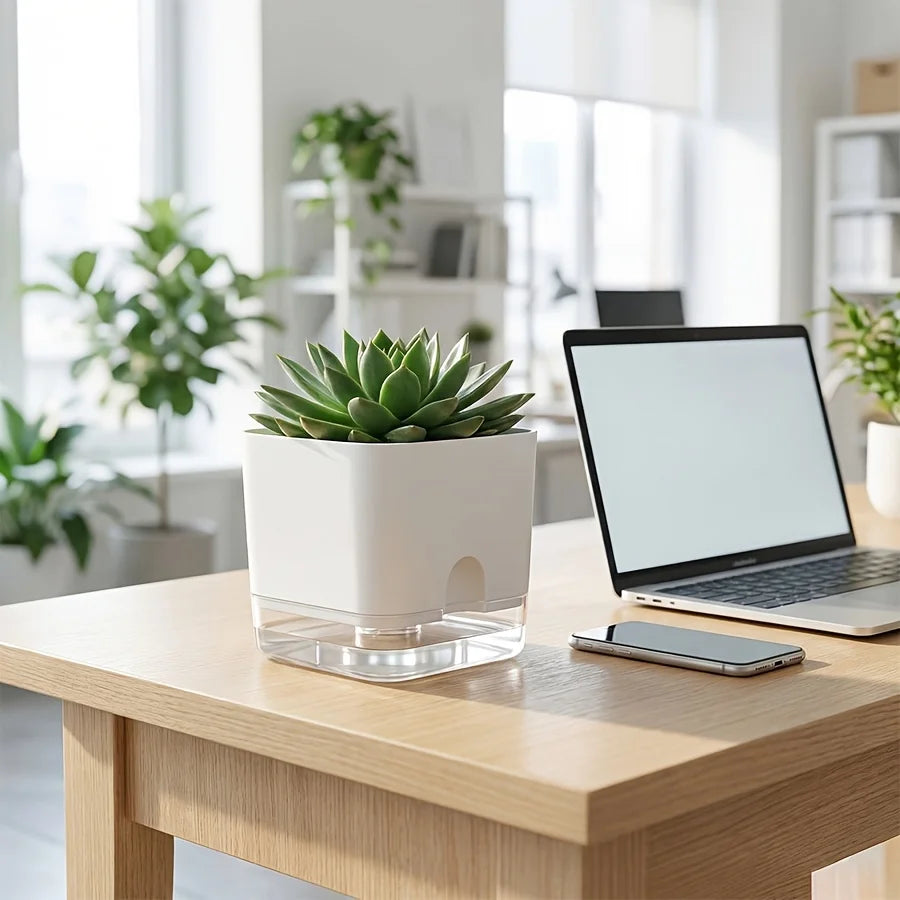 A laptop sits on a wooden table next to a white self-watering planter with a succulent and a smartphone.