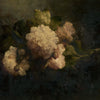 A dark, moody painting featuring a cluster of white and pink flowers against a deep green background.