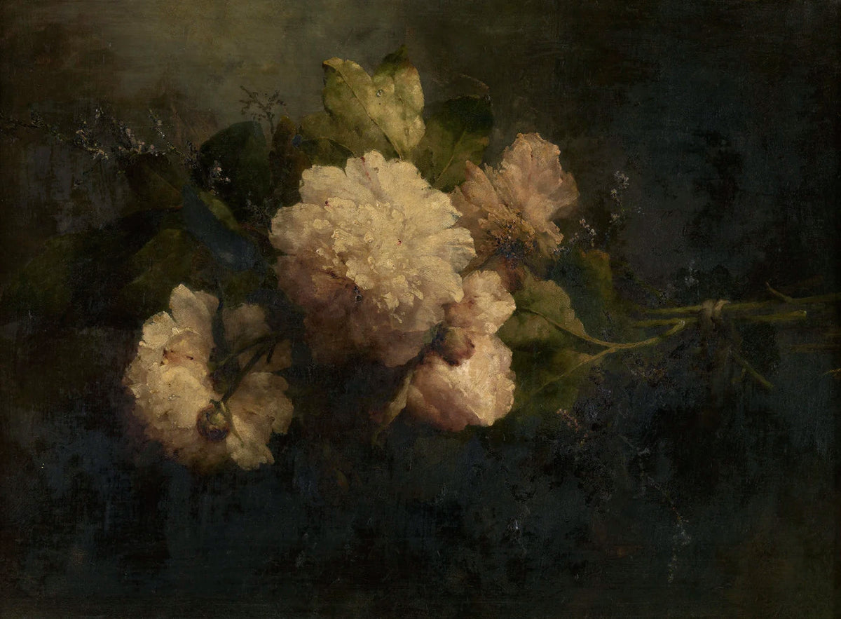 A dark, moody painting featuring a cluster of white and pink flowers against a deep green background.