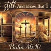 Wall art featuring a lion and a cross design with the text Psalm 46:10