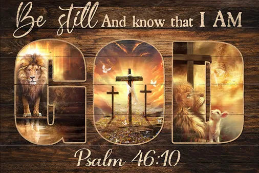 Wall art featuring a lion and a cross design with the text Psalm 46:10