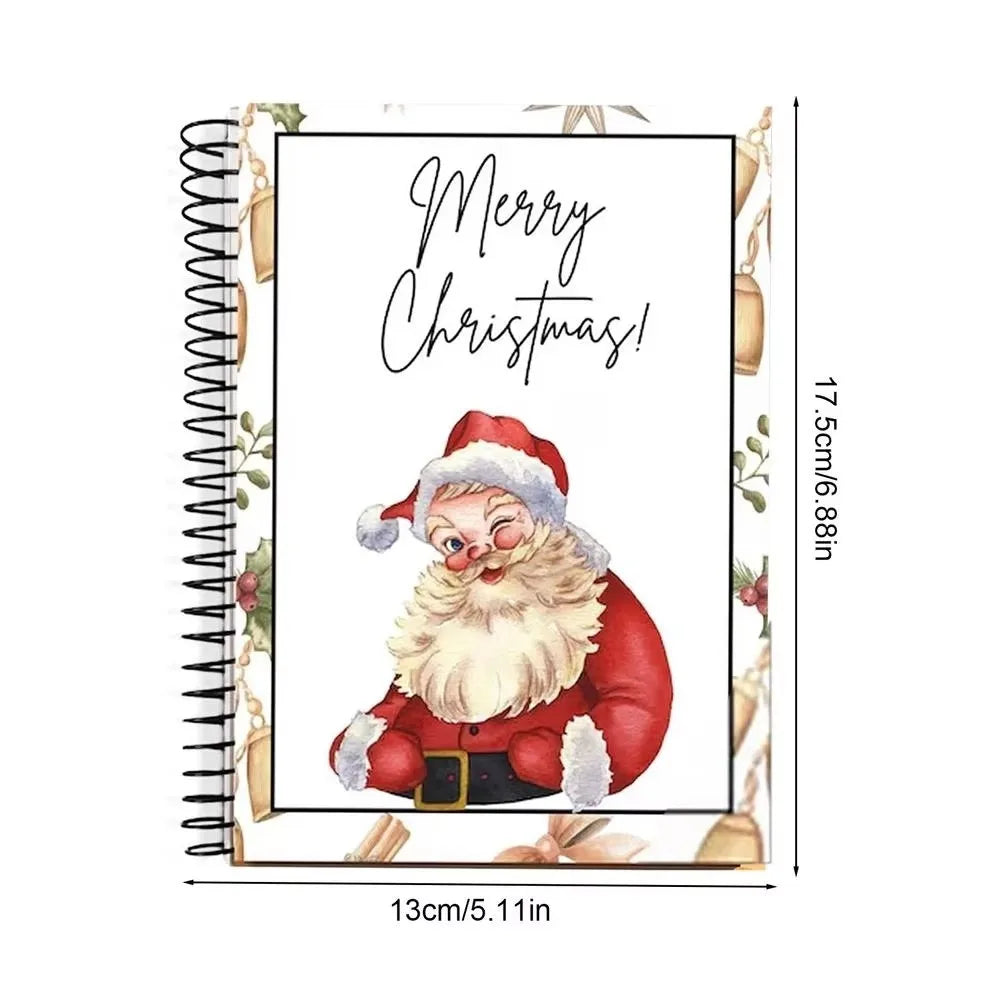 A spiral-bound book featuring a festive illustration of a bearded man in a Santa hat.
