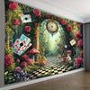 Fantasy tapestry wall hanging depicting a lush garden scene with roses, mushrooms, and playing cards.