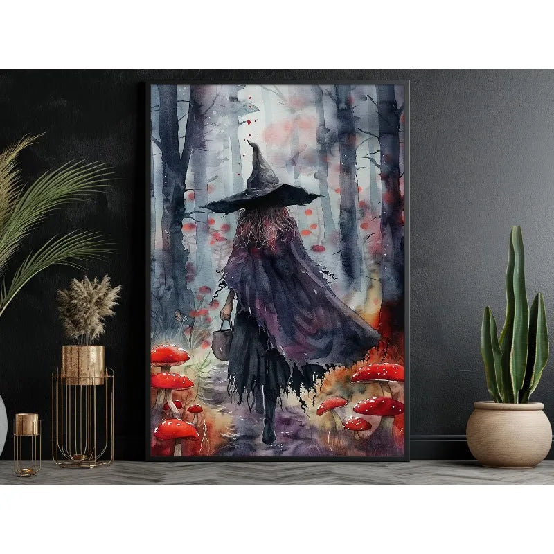 Canvas wall art depicting a dark witch in a long cloak standing in a misty forest with red and pink foliage.