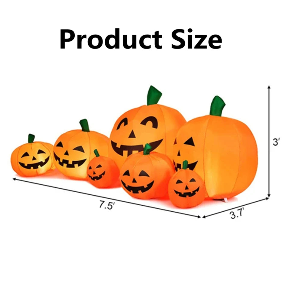 A collection of orange inflatable Halloween pumpkins showing various sizes and dimensions.