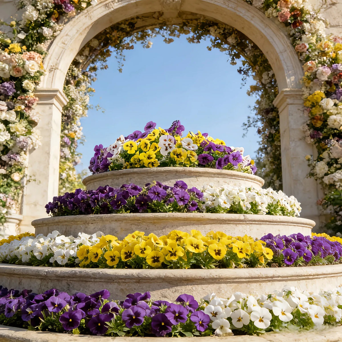 A tiered display of artificial pansy and daisy flowers in purple, yellow, and white arranged within an arched stone structure