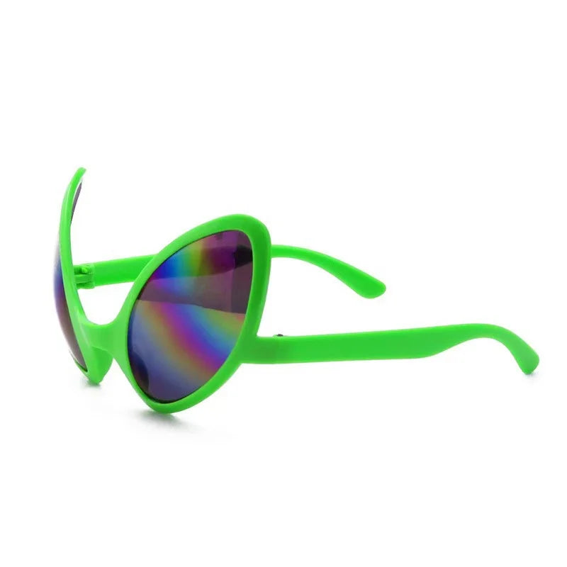 Green alien sunglasses with a vibrant, iridescent lens