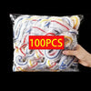 A clear plastic bag filled with 100 reusable white and colored plastic food wrap covers.
