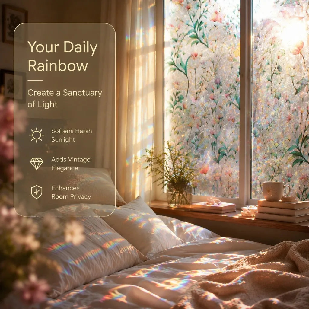 A bedroom scene showing sunlight filtering through a vintage floral mosaic window film onto bedding.