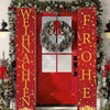 Festive Christmas door banner with holiday greetings featuring a wreath and red background