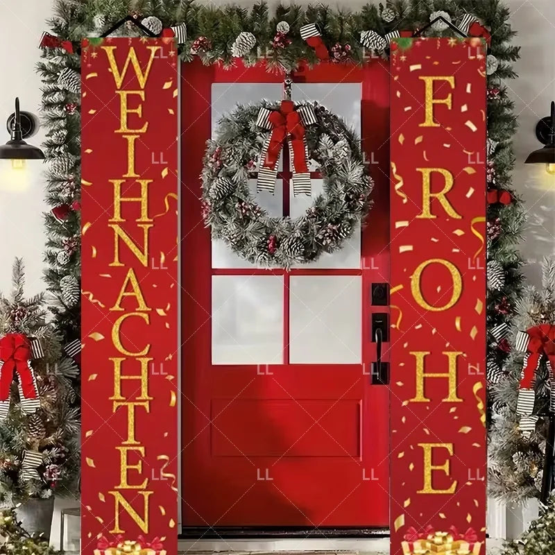Festive Christmas door banner with holiday greetings featuring a wreath and red background