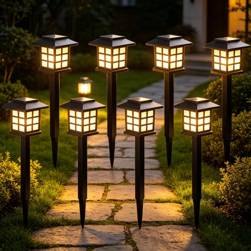 Eight solar powered LED pathway lights illuminating a stone path at dusk.
