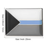 A rectangular lapel pin featuring a geometric design with black, gray, and light blue sections.