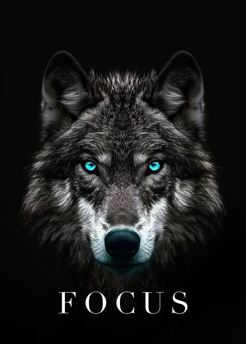 A close-up portrait of a wolf with striking blue eyes against a dark background, titled FOCUS.
