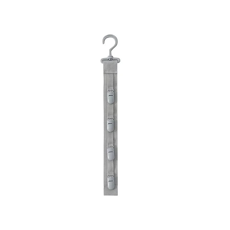 A gray hanging hat organizer rack with multiple hooks for closet storage.