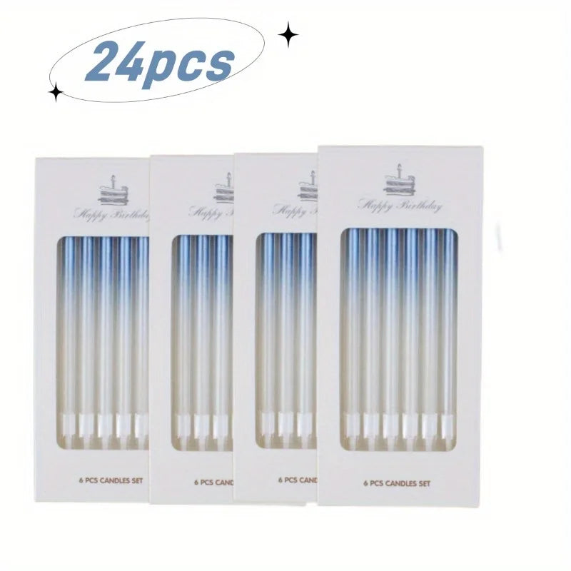 A set of 24 gradient blue metallic birthday candles packaged in individual boxes.