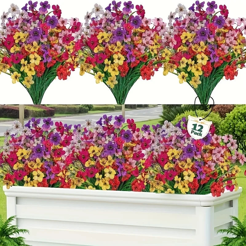 A set of 12 UV resistant outdoor artificial flowers featuring vibrant mixed colors like pink, purple, yellow, and red.
