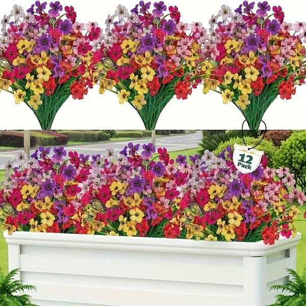 A set of 12 UV resistant outdoor artificial flowers featuring vibrant mixed colors like pink, purple, yellow, and red.