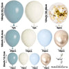 A collection of latex balloons in blue, sand white, and gold colors shown in various sizes and quantities.