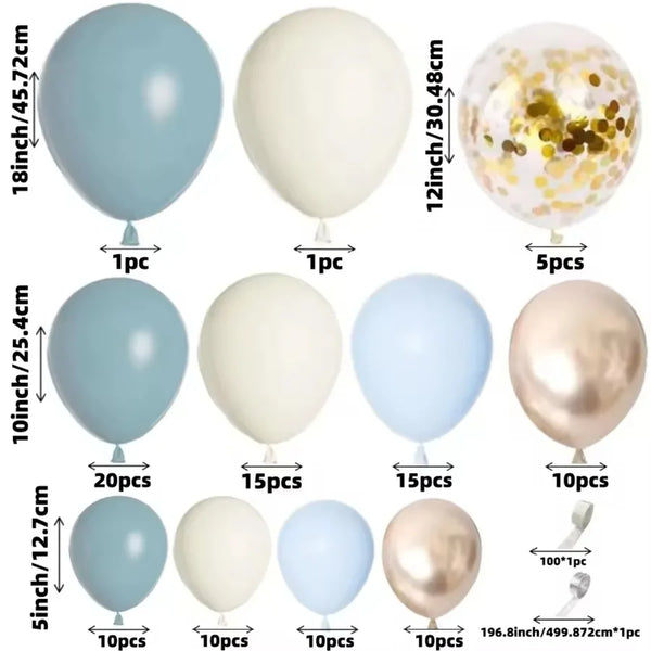 A collection of latex balloons in blue, sand white, and gold colors shown in various sizes and quantities.