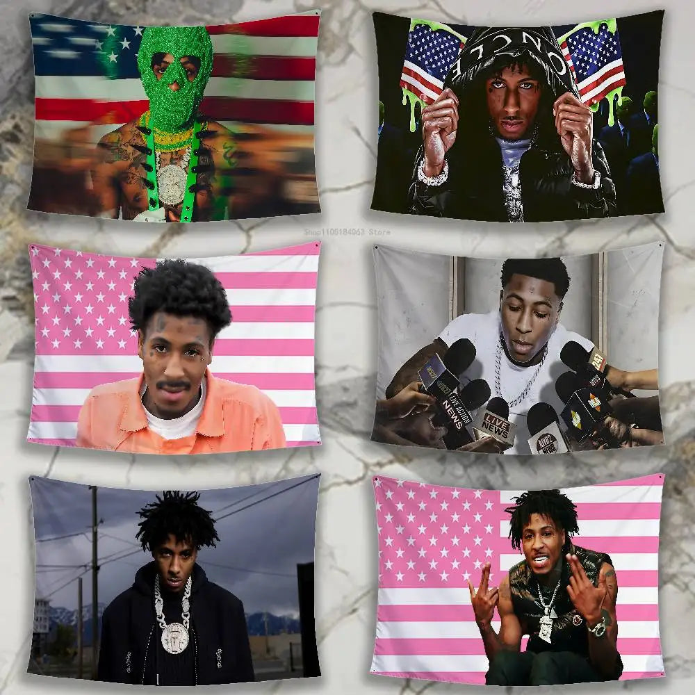 Four posters featuring different individuals against a patriotic background.