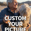 An elderly man and woman smiling at each other outdoors, suggesting a custom picture or photo art service.