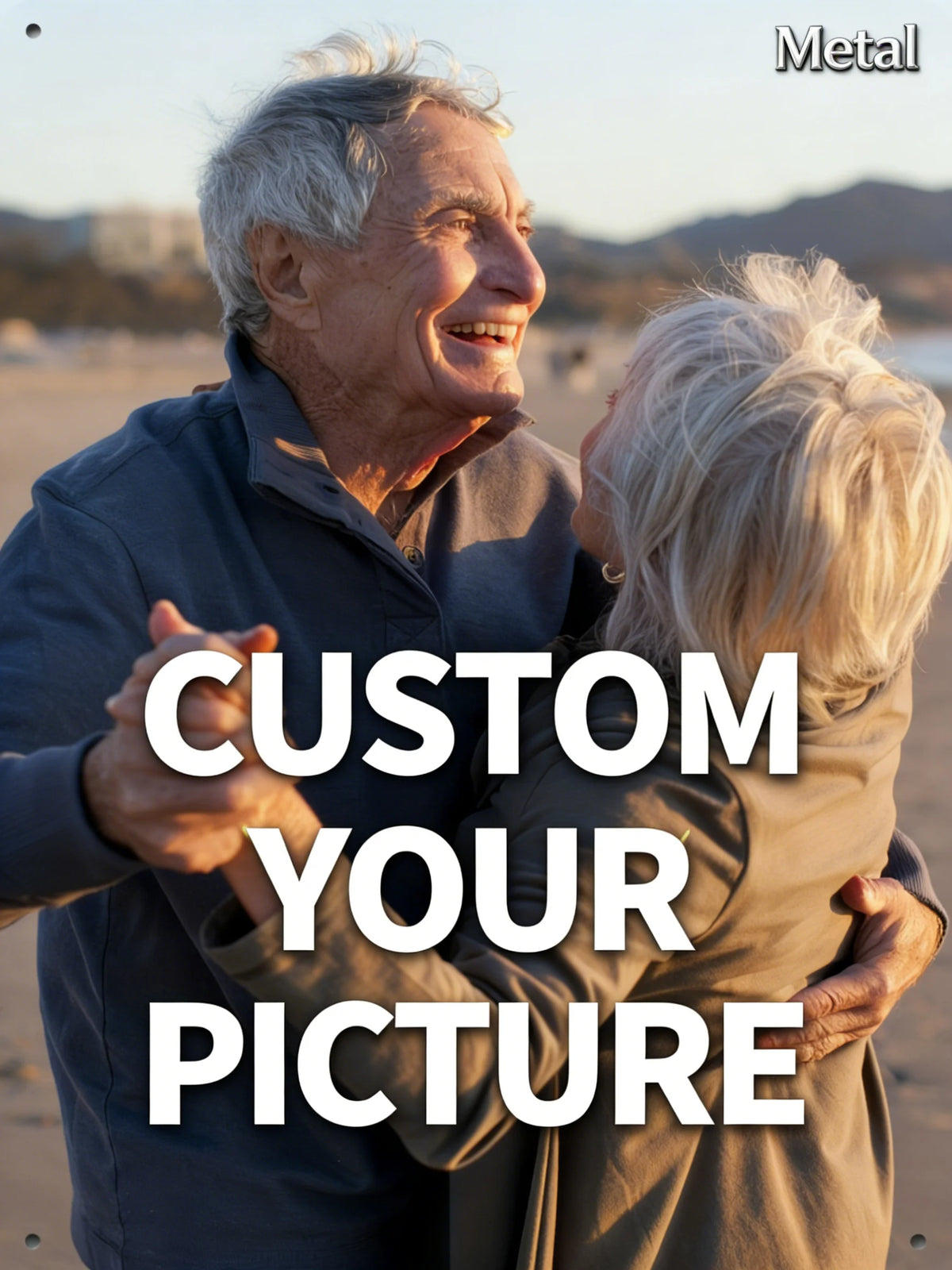 An elderly man and woman smiling at each other outdoors, suggesting a custom picture or photo art service.