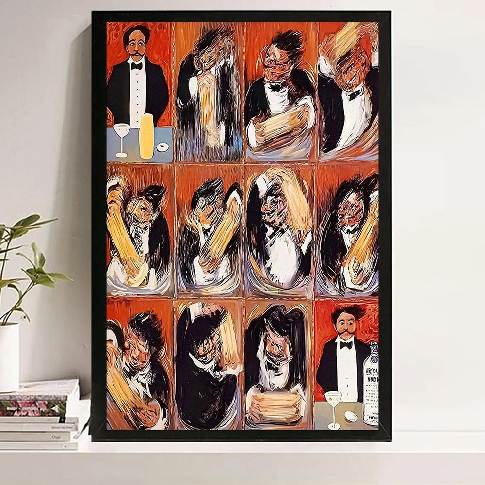 A canvas print featuring a grid of vintage cocktail illustrations depicting martini making scenes.