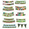 A collection of pixel art birthday banners featuring happy birthday messages and Minecraft themed decorations.