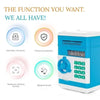 A blue automatic roll money piggy bank with various functions like password protection and banknote checking.