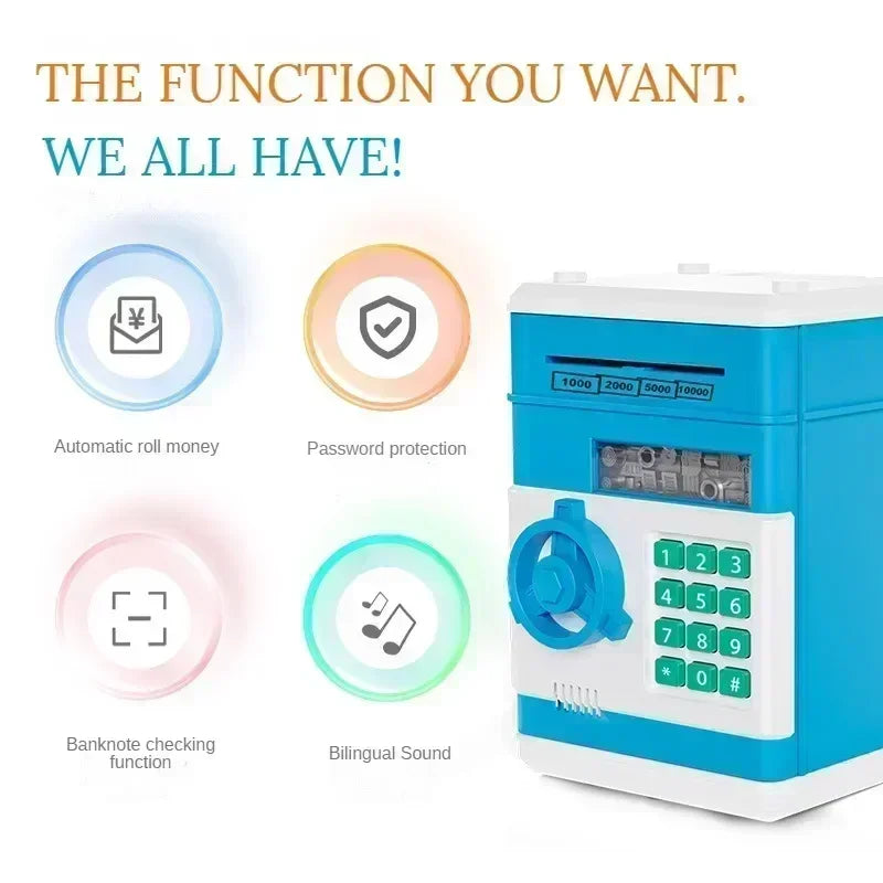 A blue automatic roll money piggy bank with various functions like password protection and banknote checking.