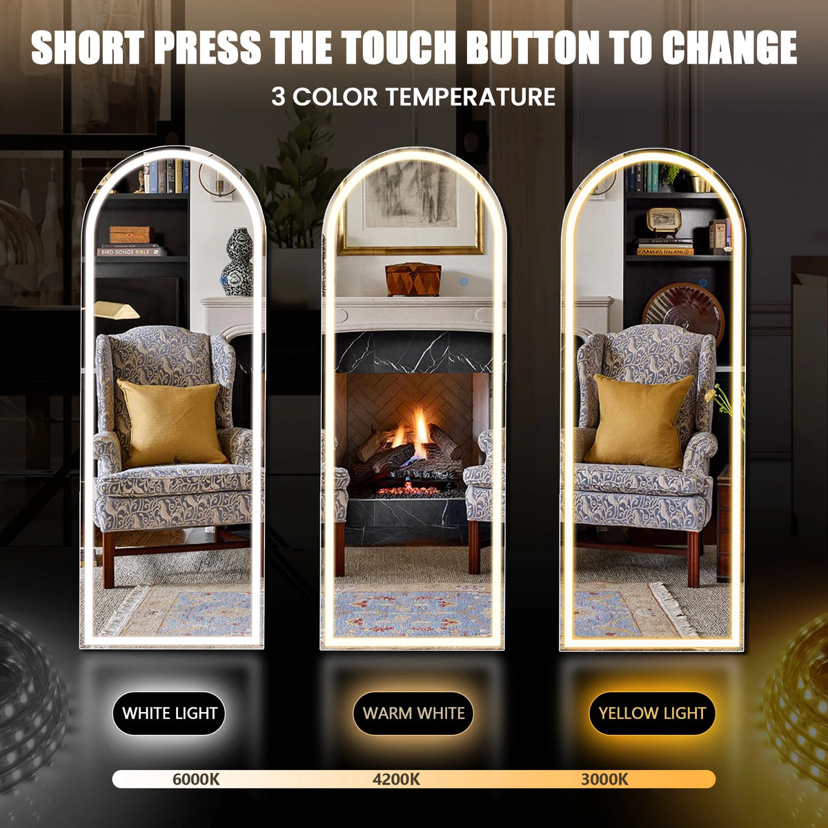 Full-length LED floor mirror showing three color temperature settings: white, warm white, and yellow light.