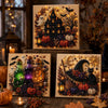 Diamond painting wall decor featuring a spooky cute Halloween theme with pumpkins, bats, and a witch