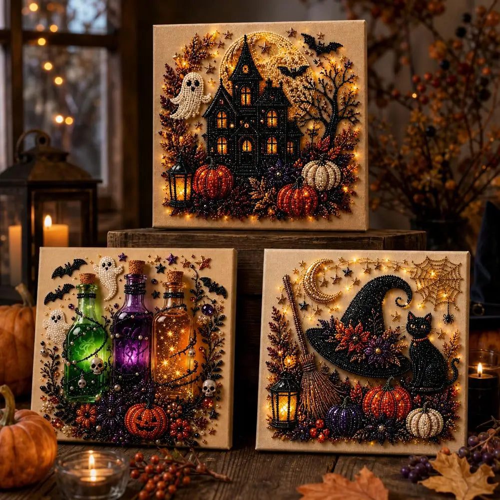 Diamond painting wall decor featuring a spooky cute Halloween theme with pumpkins, bats, and a witch