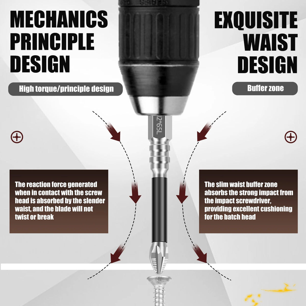 Close-up view of a screwdriver bit with a mechanic principle design and buffer zone for impact use