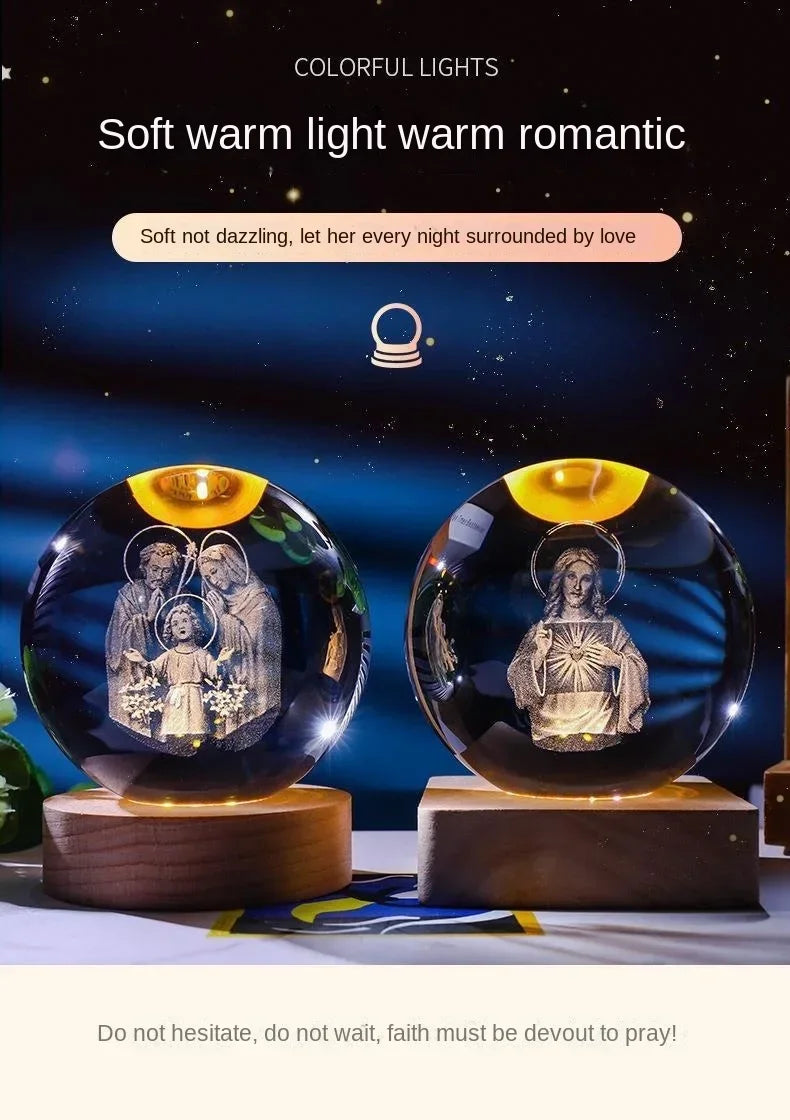 A dark crystal ball night light featuring a depiction of two figures surrounded by soft warm romantic lights.