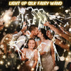 A group of people celebrating with light up silk fairy wands and ribbons at an event.
