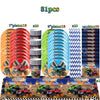 Monster truck birthday party decoration kit featuring a backdrop, tableware, and vehicle props.