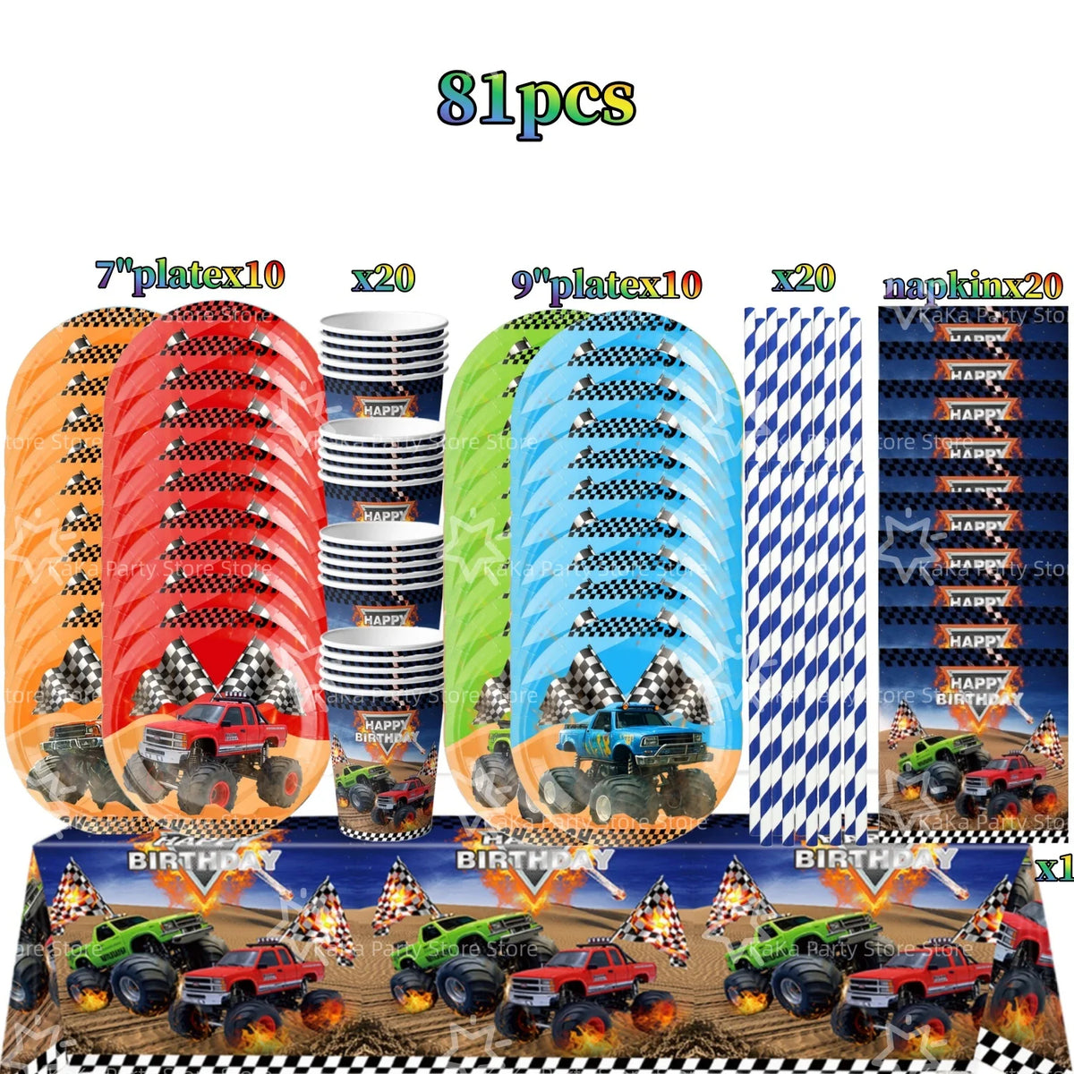 Monster truck birthday party decoration kit featuring a backdrop, tableware, and vehicle props.