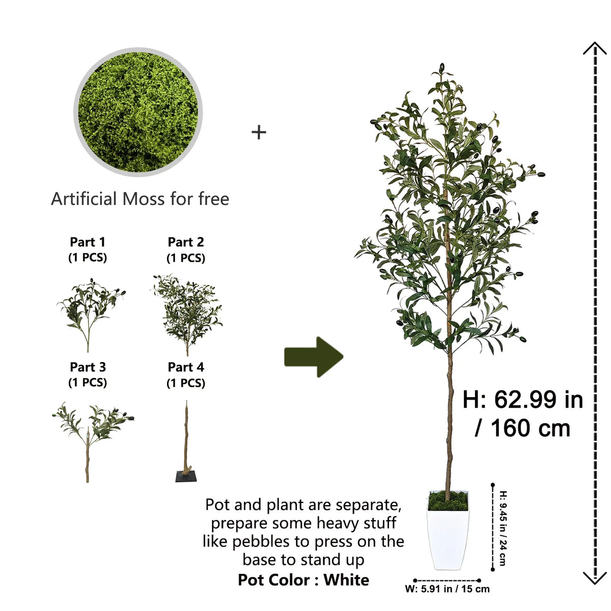 Artificial moss plant kit showing parts and final olive tree size 62.99 inches tall