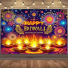 A vibrant backdrop featuring glowing earthen lamps and colorful fireworks celebrating the festival of Diwali.