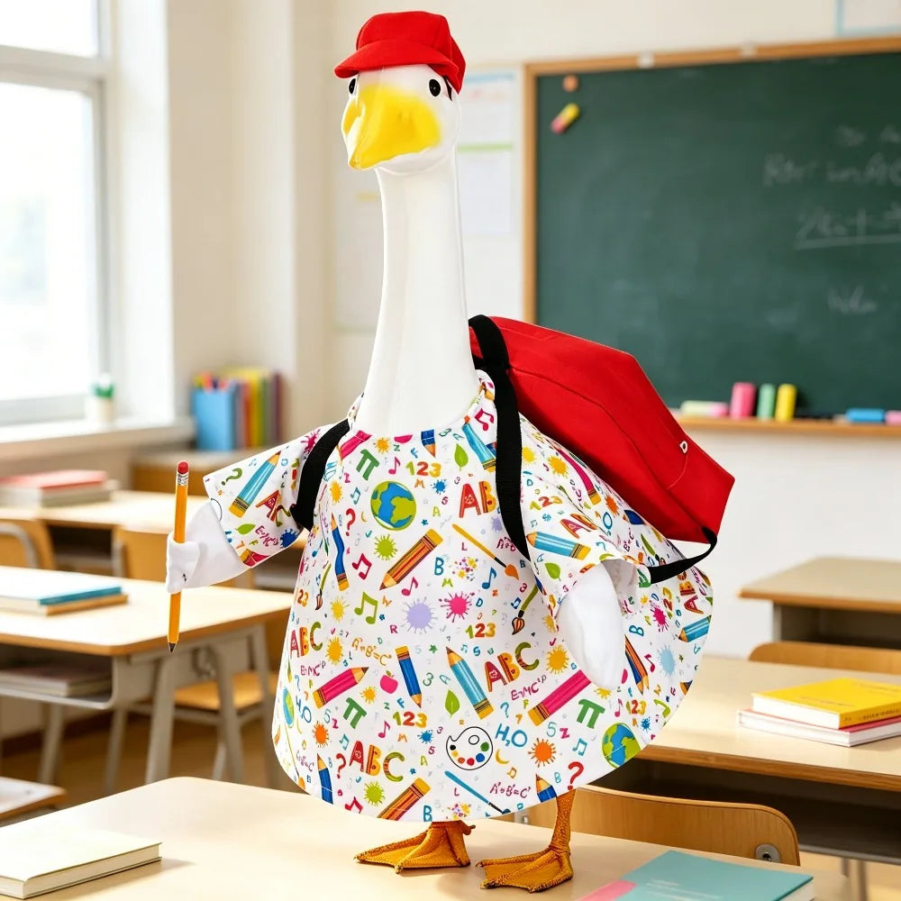 A white goose statue with a red hat and colorful patterned body standing on a wooden table.
