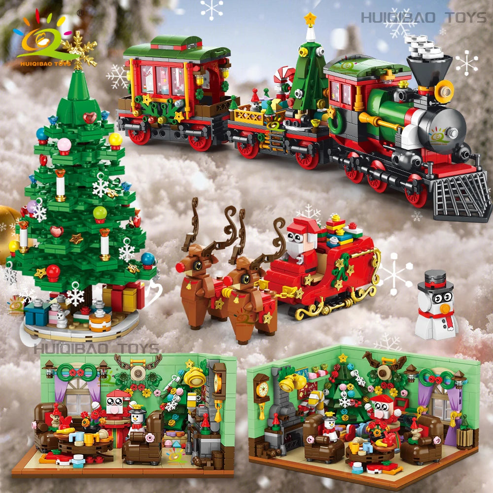 A set of Christmas advent calendar building blocks featuring Santa, a tree, and train models.