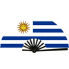 Flag of a country with horizontal blue and white stripes and a yellow sun emblem.