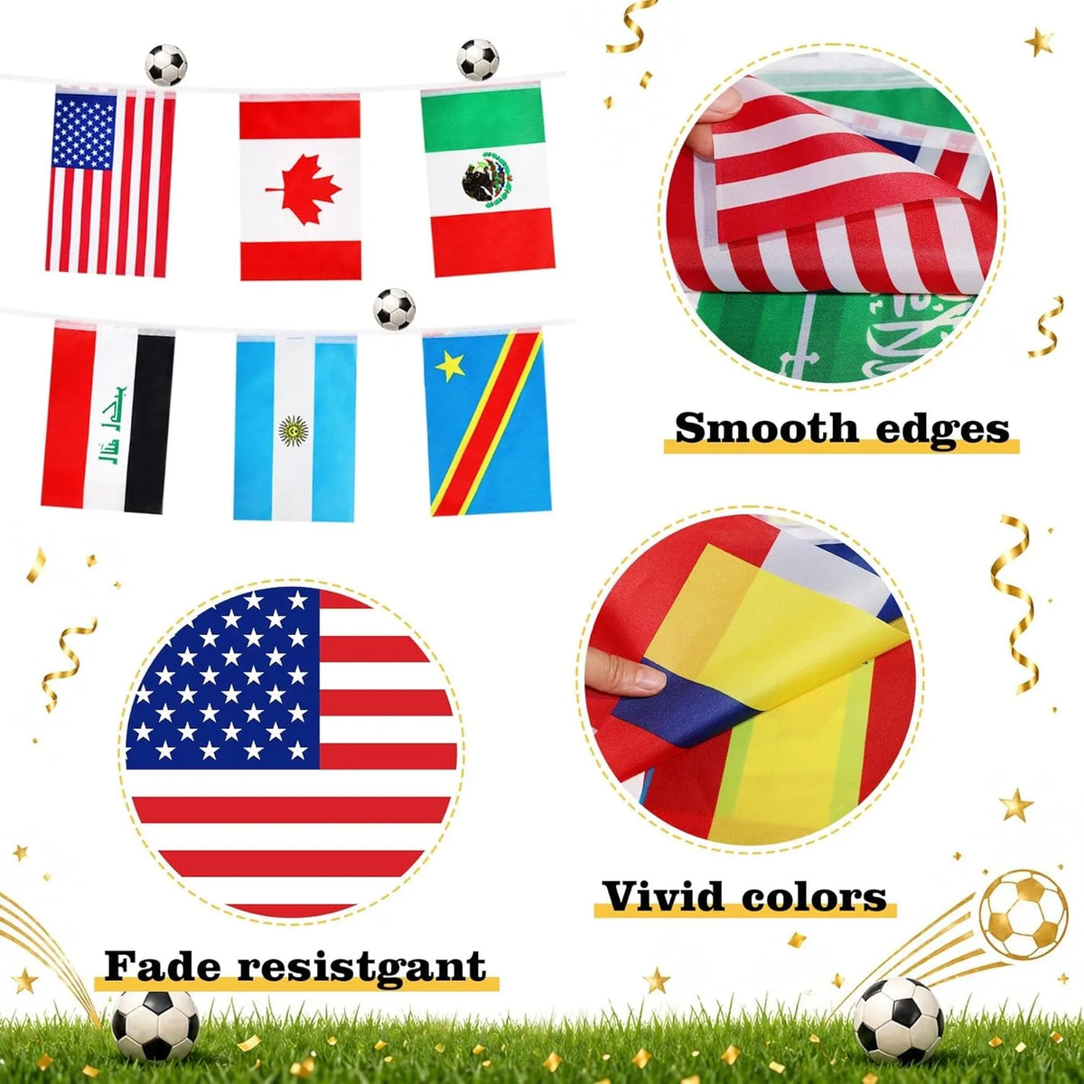 A collection of international flags displayed on a bunting banner, showcasing various colors and smooth edges.
