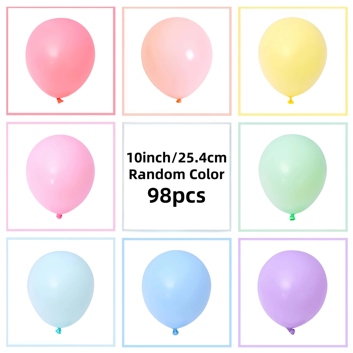 A collection of 98 pastel rainbow latex balloons in various shades including pink, yellow, green, and blue.