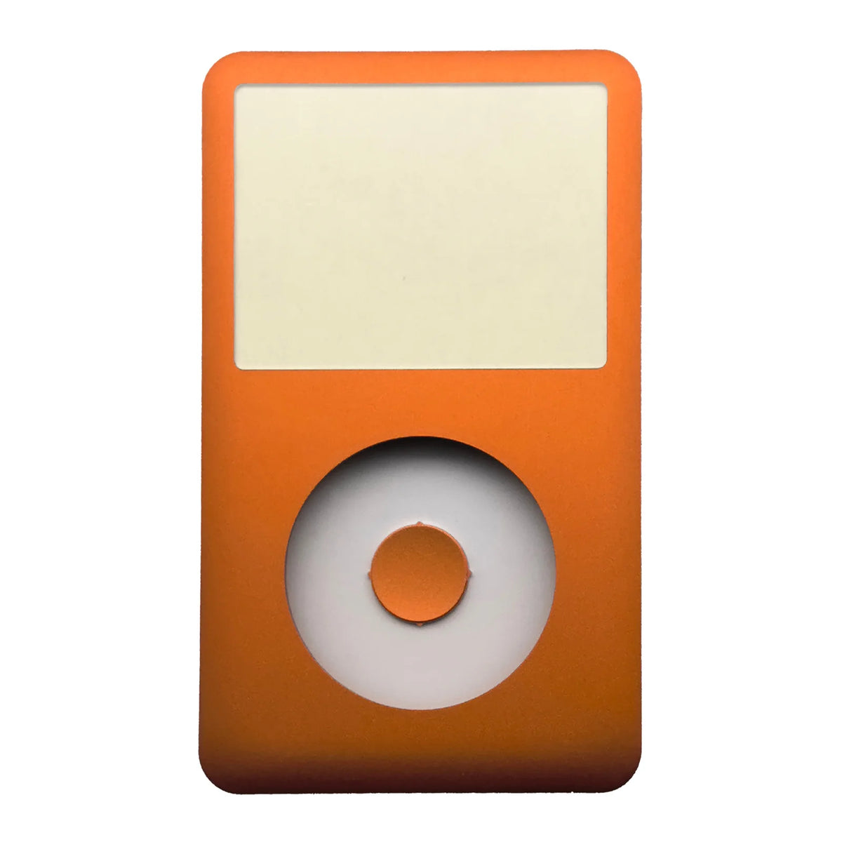 Orange iPod Classic front faceplate with a circular replacement component.