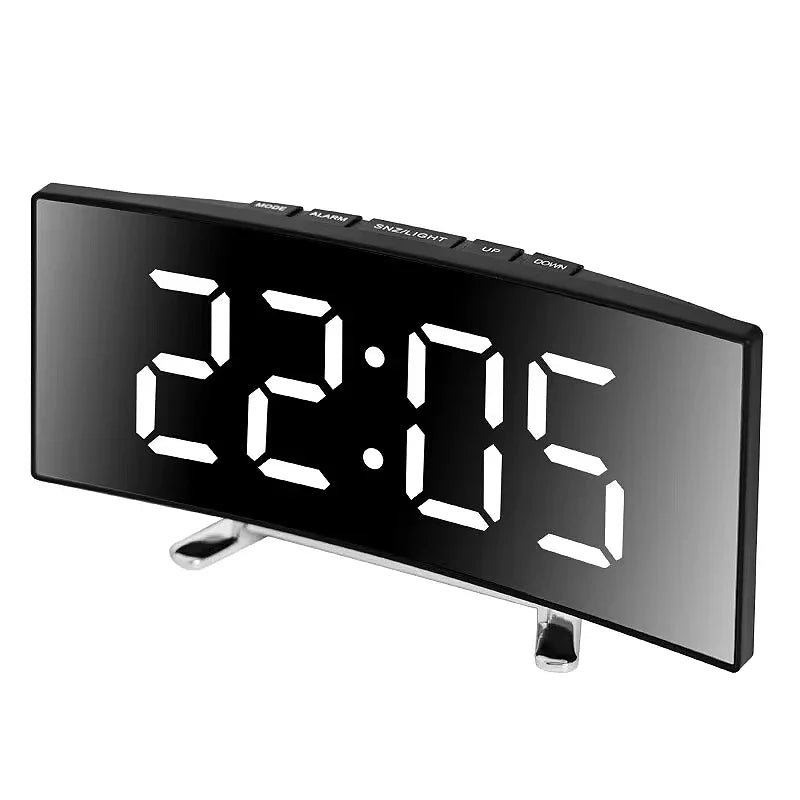 A black LED mirror alarm clock with a large digital display showing 22:05.