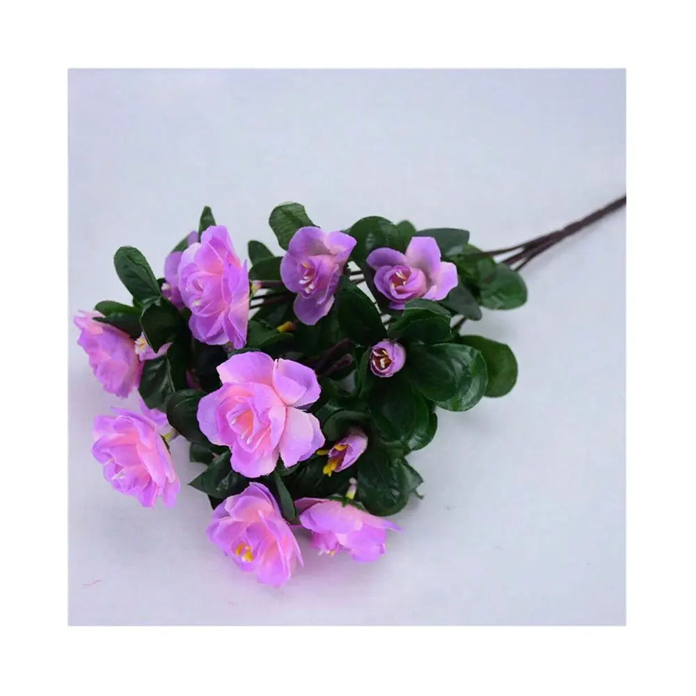 A cluster of artificial purple and pink azalea flowers on a dark stem for outdoor decoration.